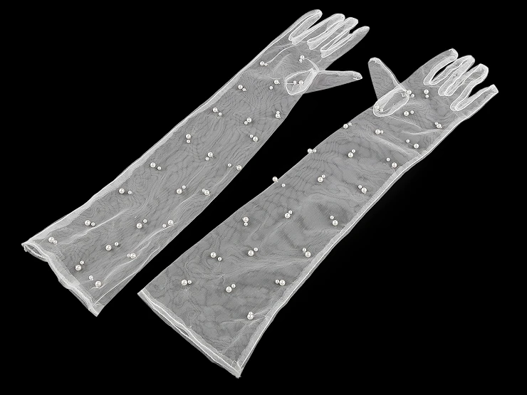 Hosszú alkalmi tüll kesztyű gyöngyökkel