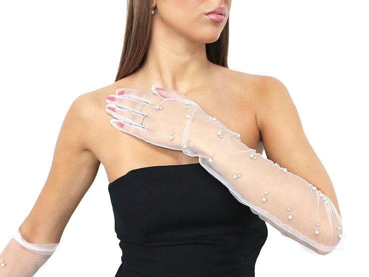 Hosszú alkalmi tüll kesztyű gyöngyökkel