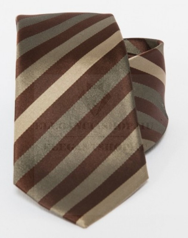 Prémium selyem nyakkendő - Sötétbarna-arany csikos