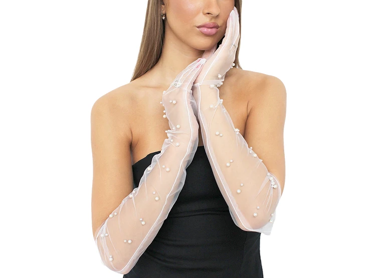 Hosszú alkalmi tüll kesztyű gyöngyökkel