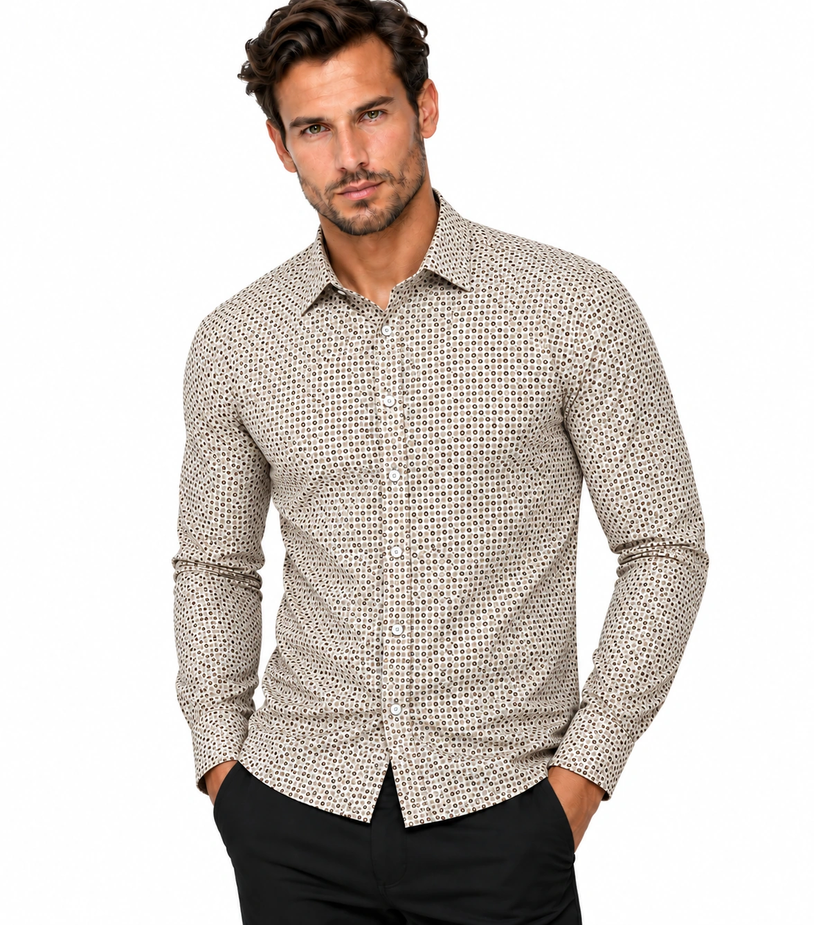 NM h.u slim fit elasztikus ing - Drapp mintás